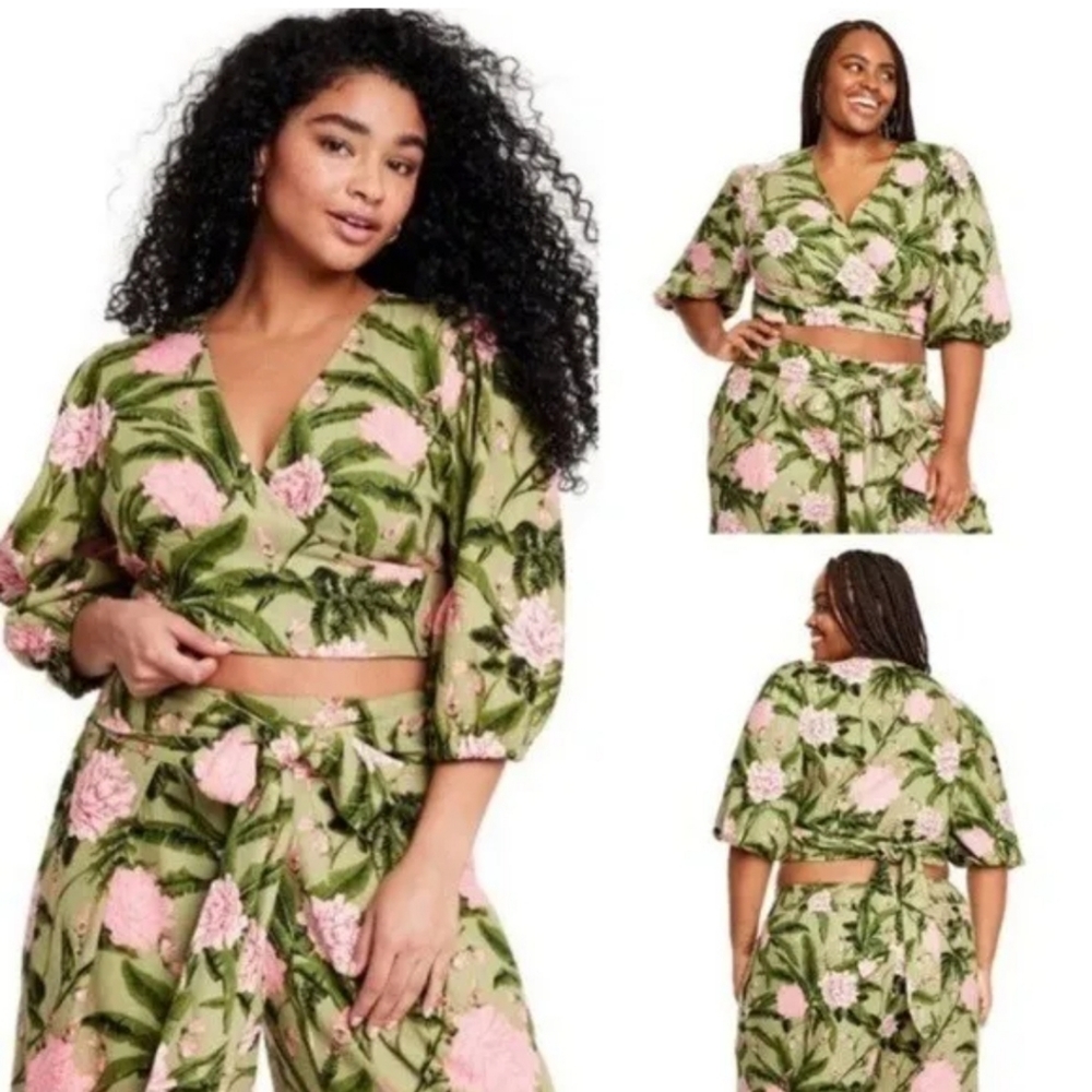 Agua Bendita x Target Linen Blend Wrap Crop Top Size XS Peony Print